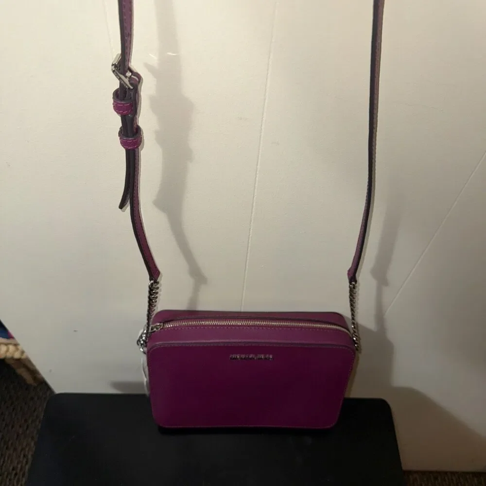 Michael Kors Magenta Crossbody Bag  Silver Chain Strap Zip Closure Women